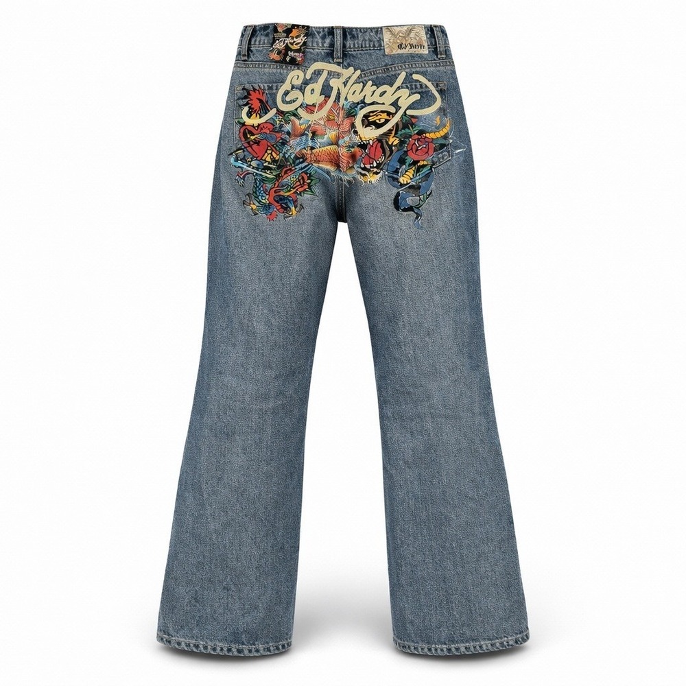 Ed Hardy Y2K NWT Tiger Koi Dragon Heart Wide Leg Baggy Jeans Retail $199 Size 30 - Picture 2 of 10